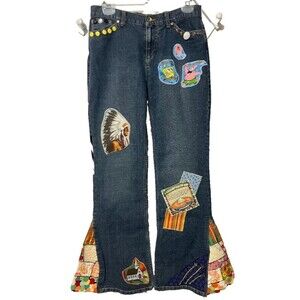 Women's Jones New York Denim Bell Bottom Jeans Sz 6 Custom Patchwork Characters
